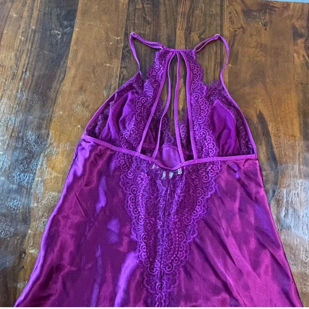 In Bloom by‎ Jonquil Magenta Purple Satin Lace Trim Strappy Back Chemise S